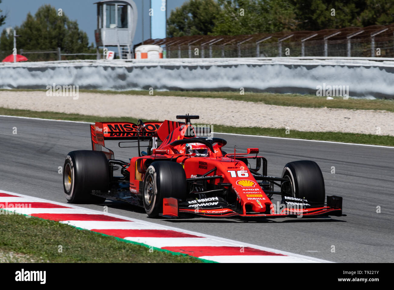 Barcelona, Spain. May 14th, 2019 - Charles Leclerc from Monaco 16 of Scuderia Ferrari on track at F1 2019 Test at Circuit de Catalunya. Stock Photo