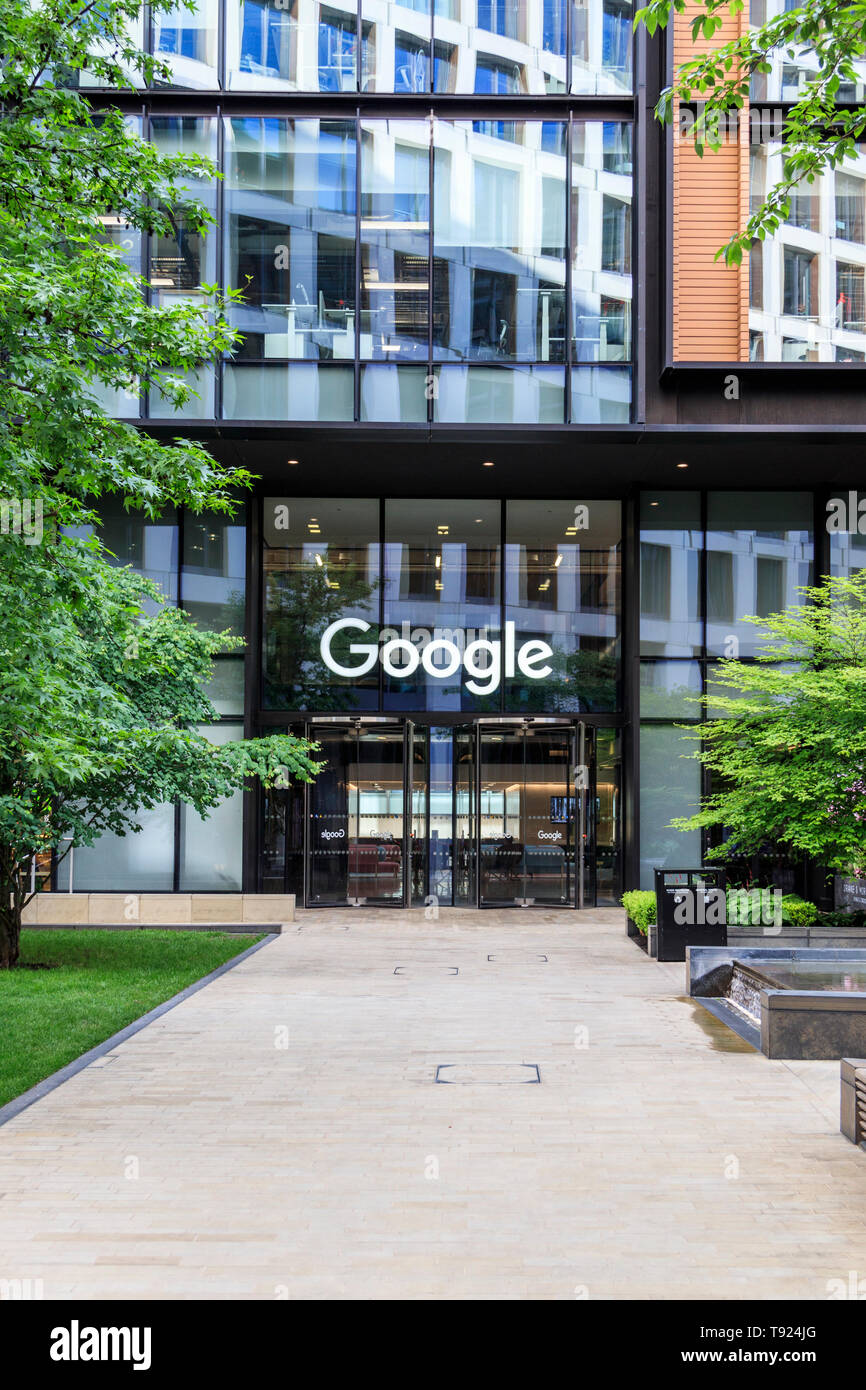 The Google logo over the door of the Google head office in Pancras Square, Kings Cross, London, UK, 2019 Stock Photo