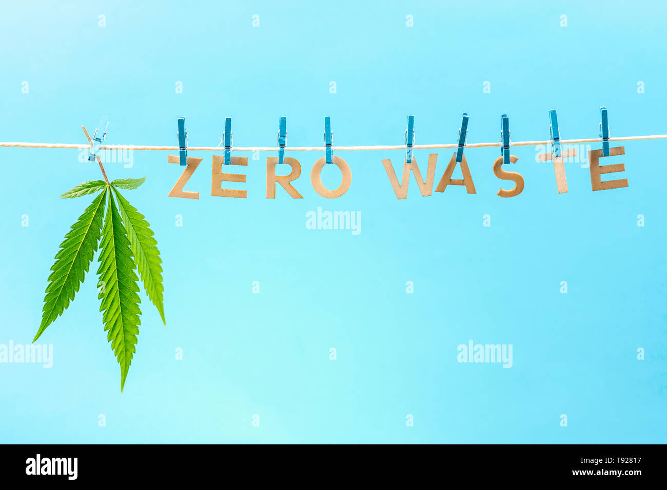 Wooden letters hanging on hemp rope, Zero waste concept with Cannabis ...