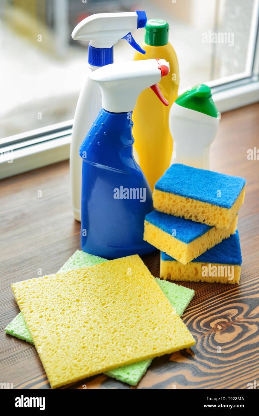 Cleaning supplies on windowsill Stock Photo Alamy