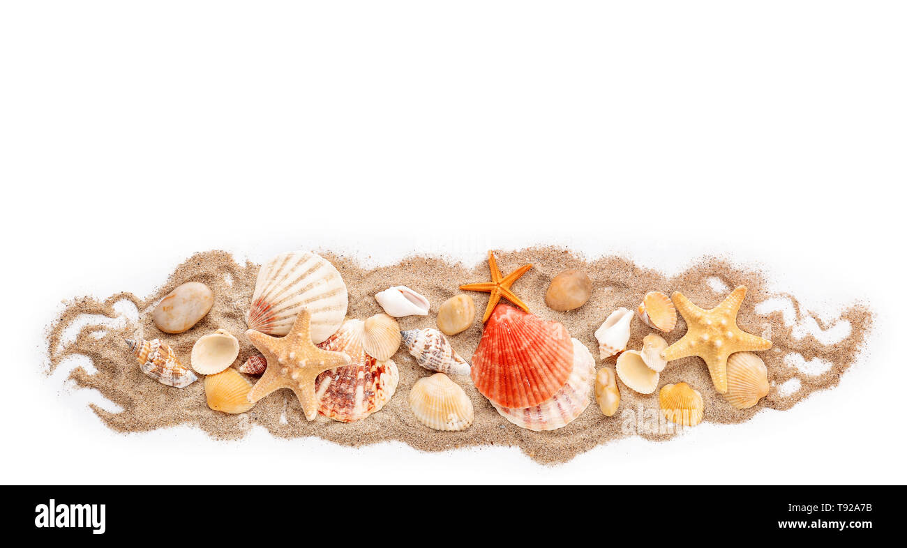 Composition with sand, sea pebbles and shells on white background Stock ...