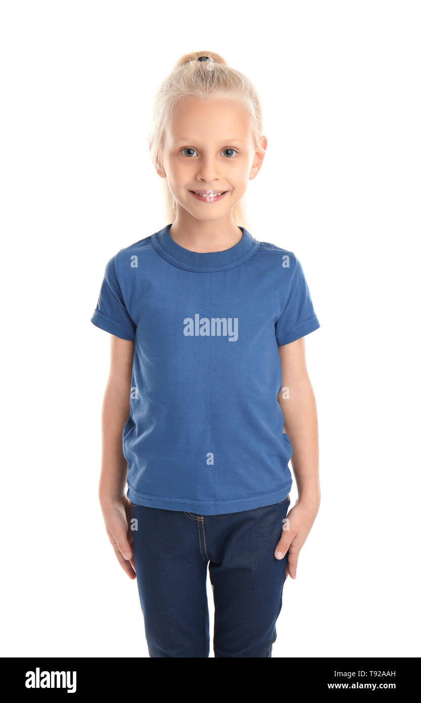 Cute little girl in tshirt on white background Stock Photo Alamy