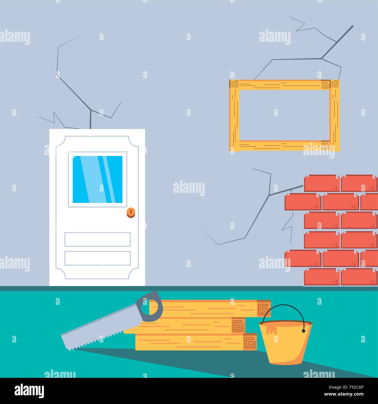 interior of house under construction with tools vector illustration ...