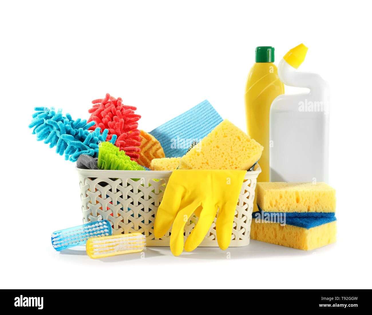 Premium Photo  Cleaning items in basket isolated on white background