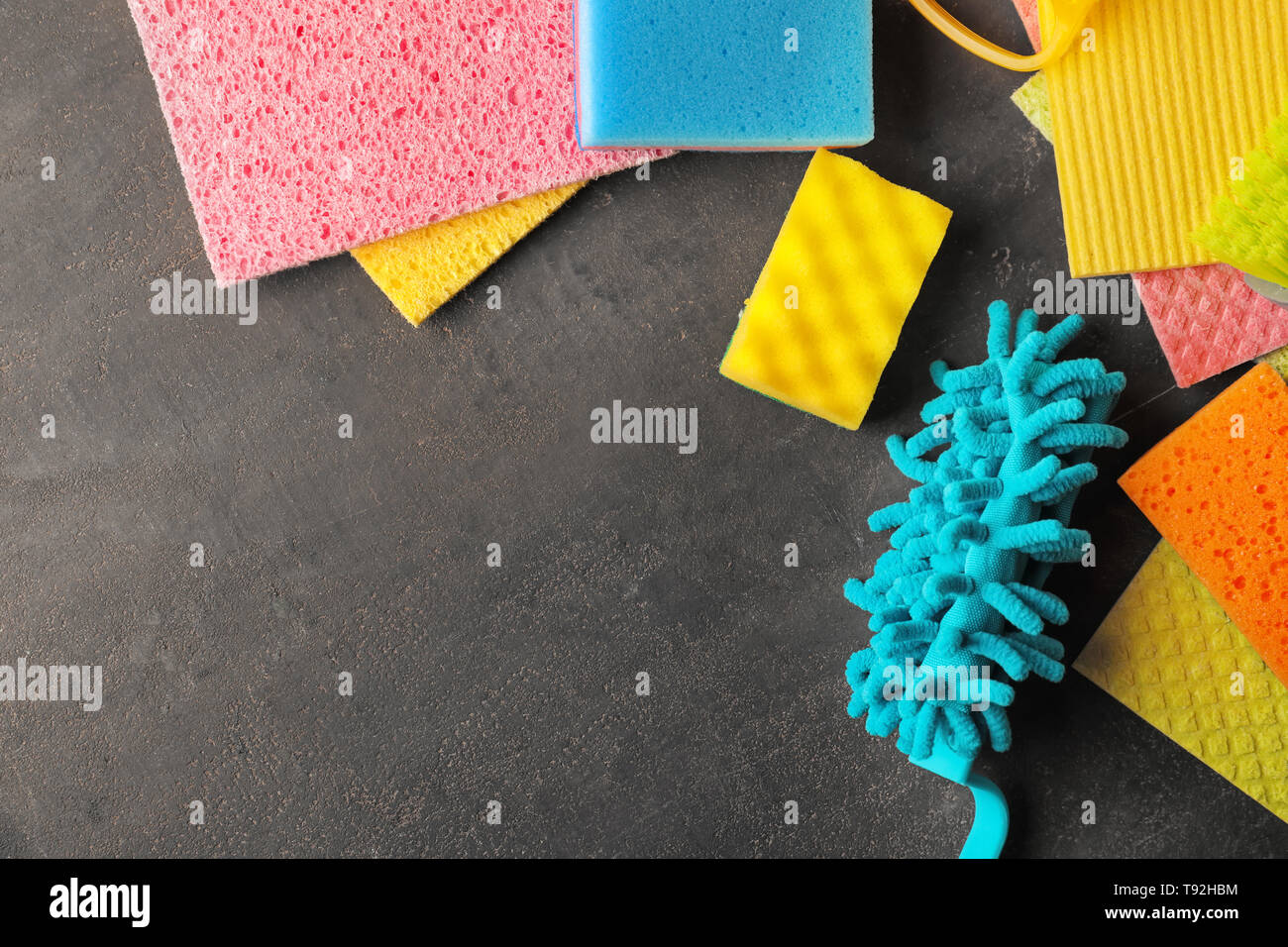 Flat lay composition with cleaning supplies on grey background Stock ...