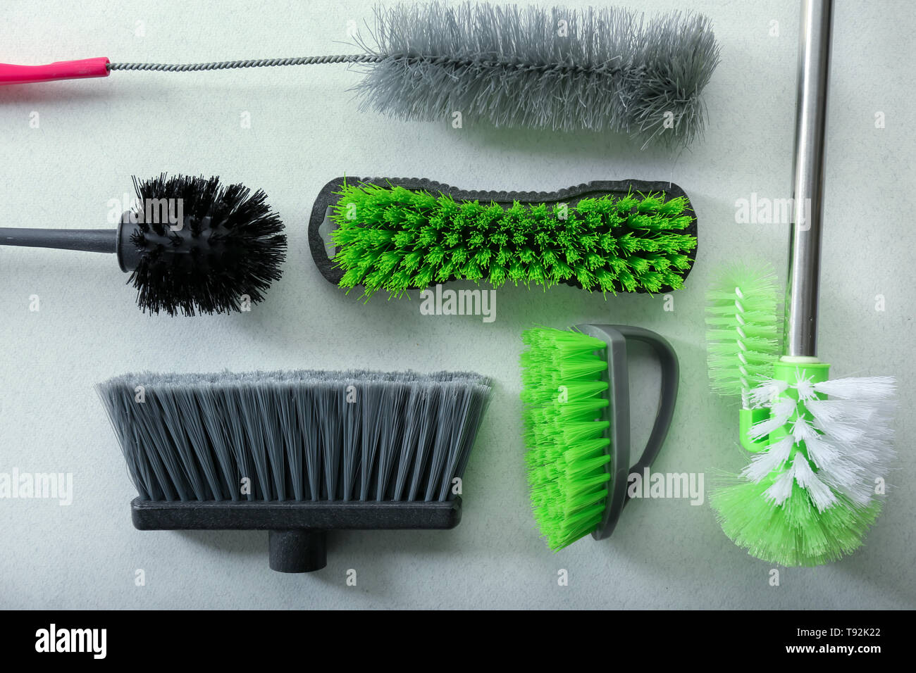 Flat lay composition with cleaning supplies on light background Stock ...