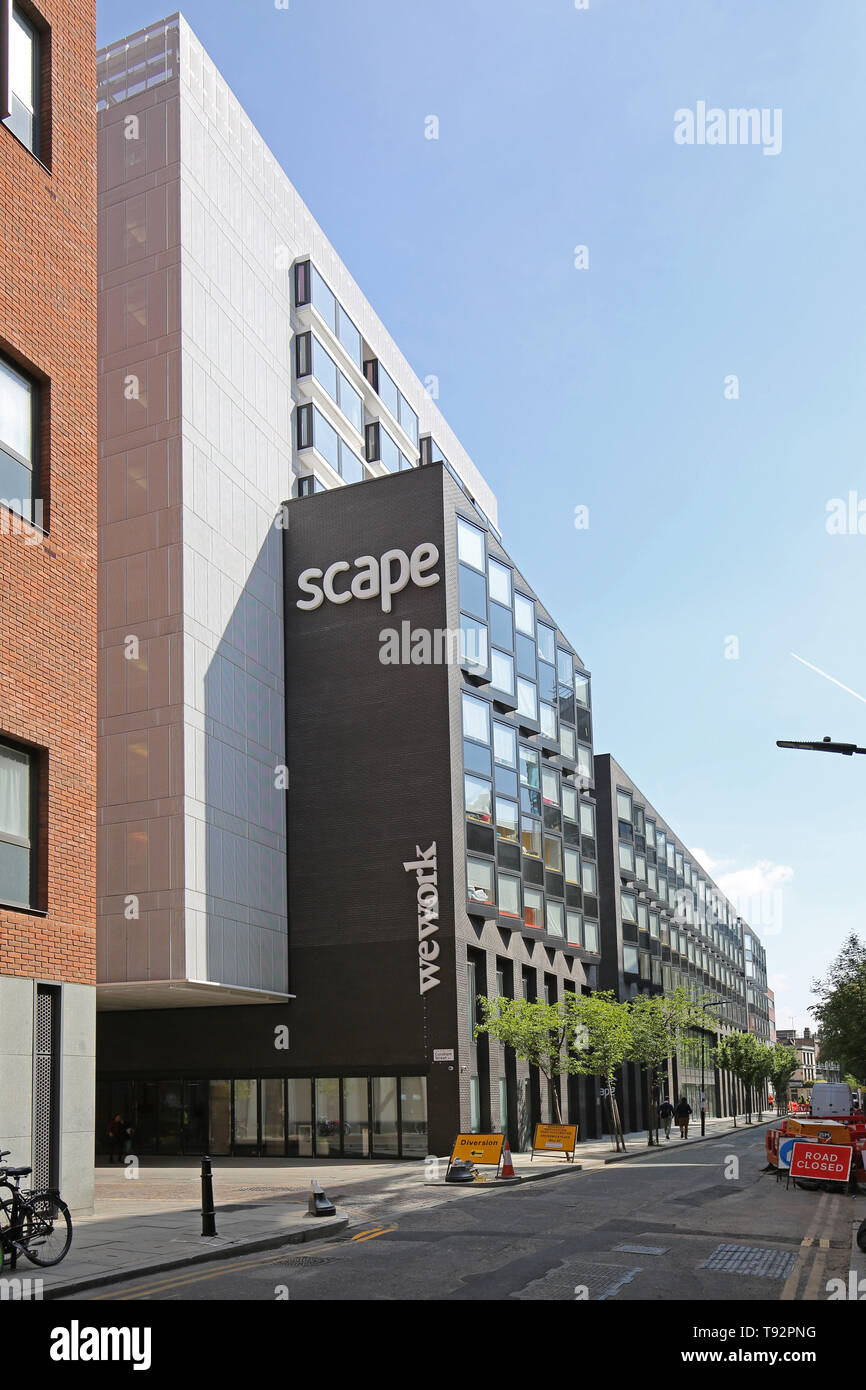 Scape student accommodation block and WeWork co-working space. A new development on Corsham Street, close to Old Street in the city of London, UK Stock Photo