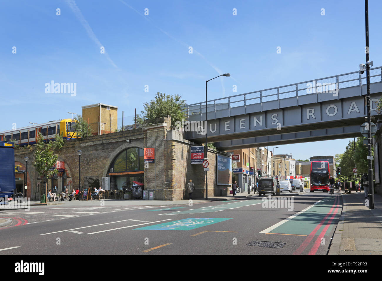 Cafes and shops near Queens Road station in Peckham, southeast London. The latest part of this once poor area to become trendy and fashionable. Stock Photo