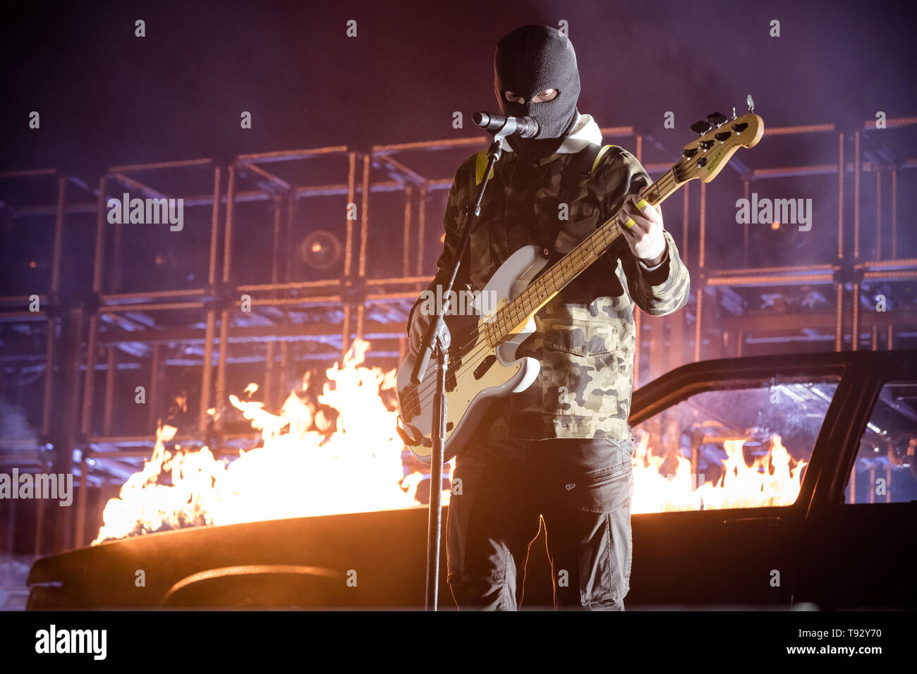 Singer Tyler Joseph of American music duo Twenty One Pilots during their "Bandito Tour" performing at Rogers Arena in Vancouver, BC on May 12th 2019 Stock Photo