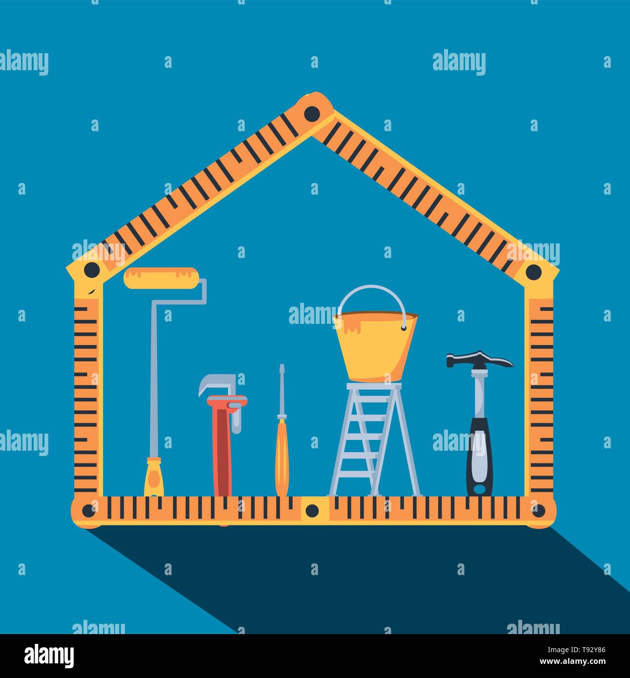 hammer with rules and set tools construction vector illustration design ...