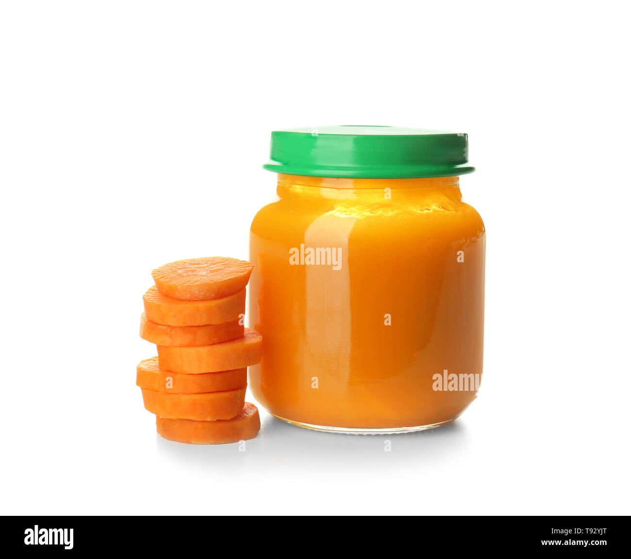 Download Glass Jar With Healthy Baby Food And Sliced Carrot On White Background Stock Photo Alamy PSD Mockup Templates