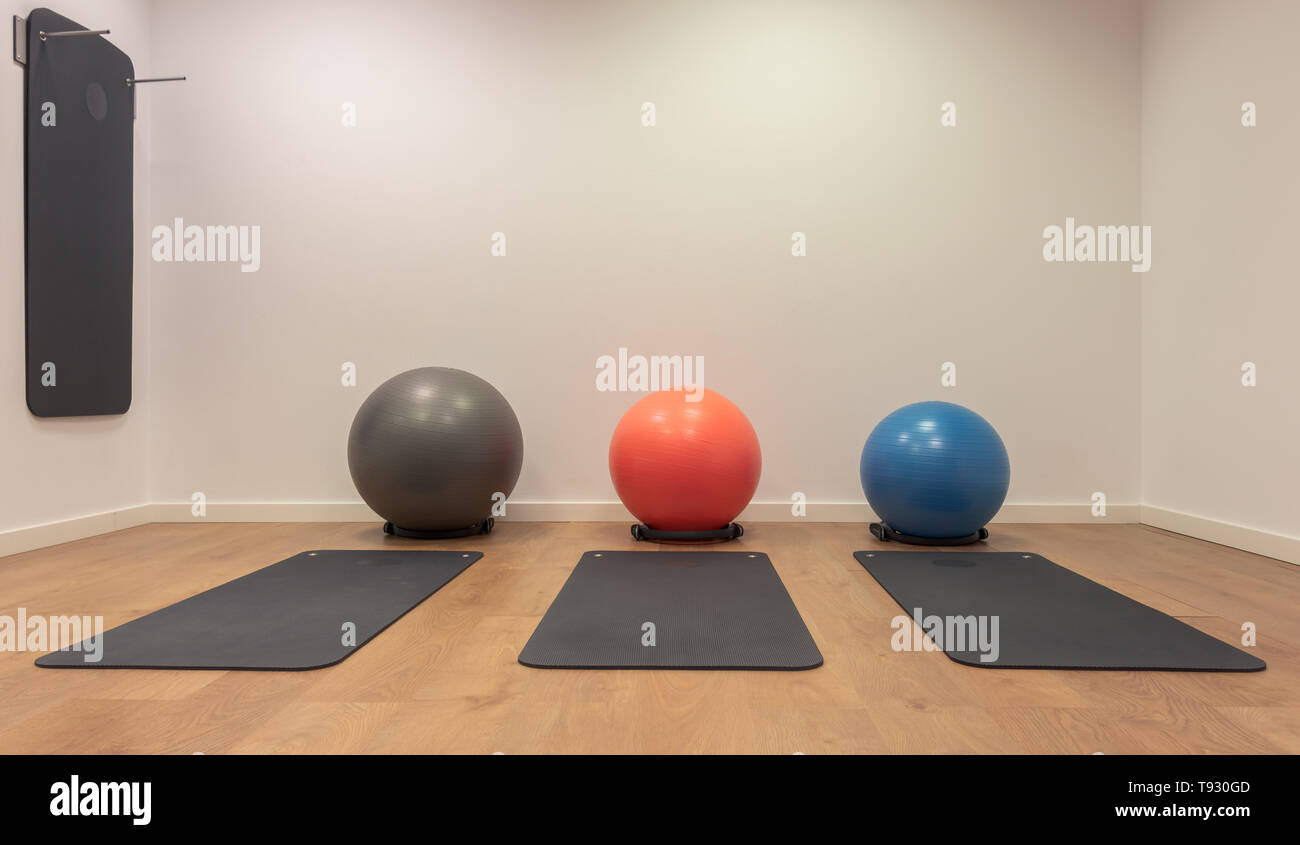 Gym For Fitness Exercises Fitball And Mat Lie On The Wooden Floor