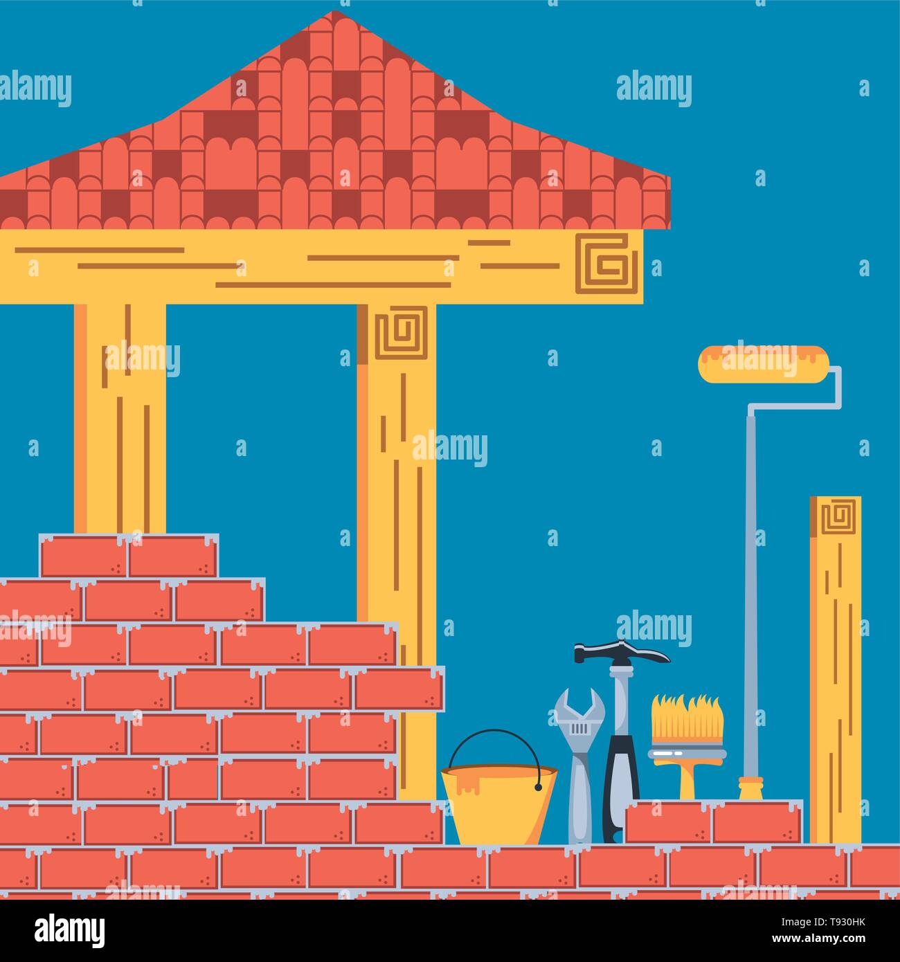 facade house in wooden under construction with set tools vector ...