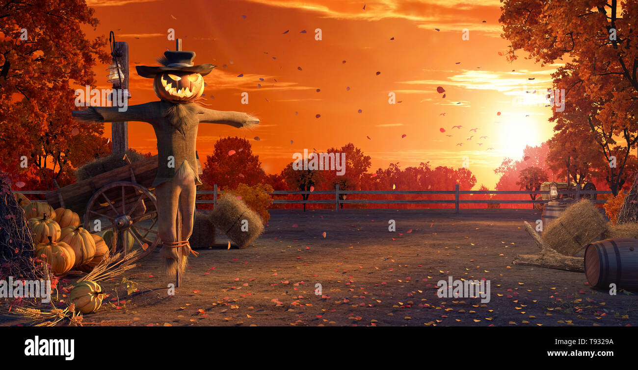 Halloween Background with Jack O'lantern as scarecrow in autumn backyard garden 3D Rendering Stock Photo