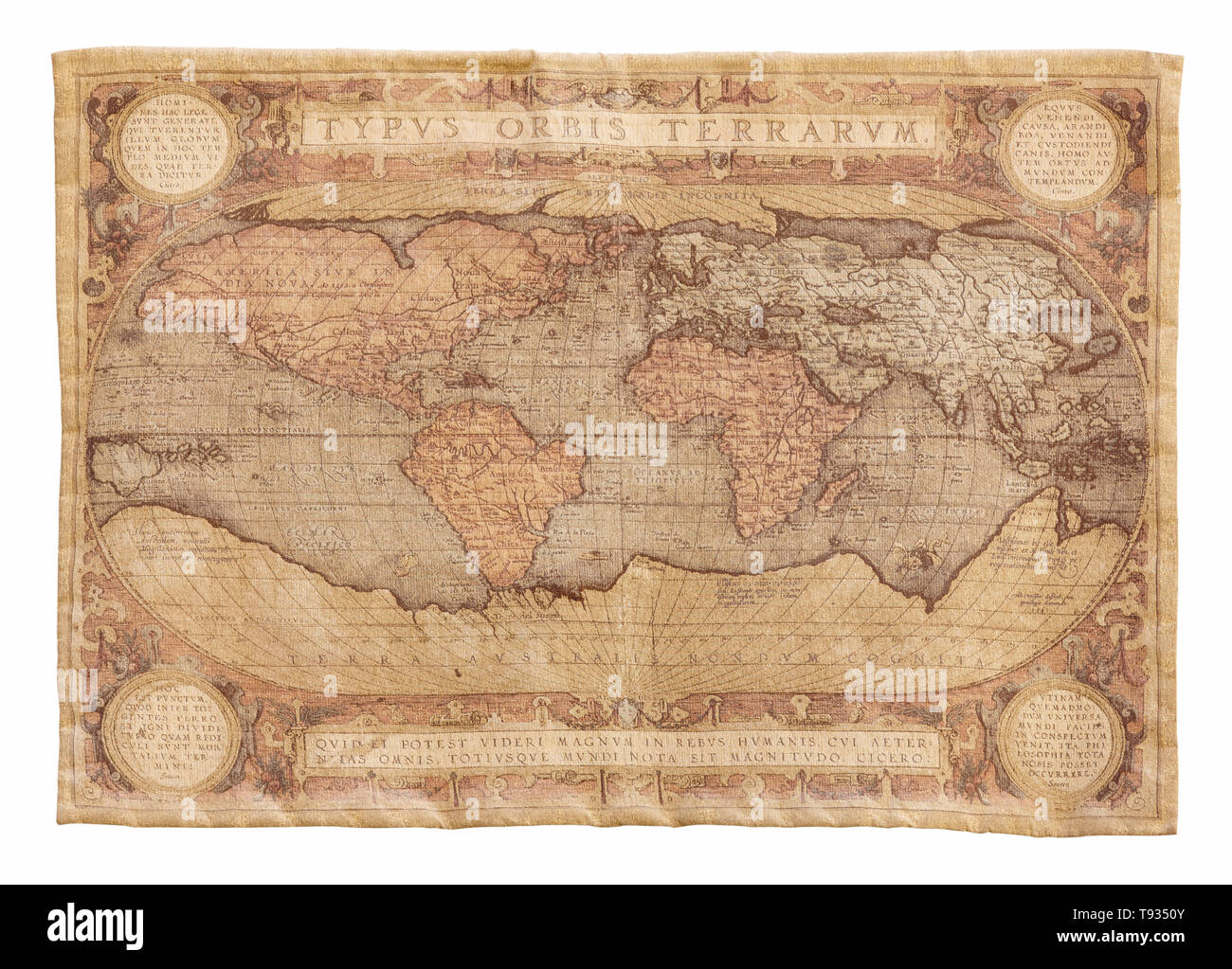 Antique map of the world tapestry isolated on white. Historical cartography Stock Photo