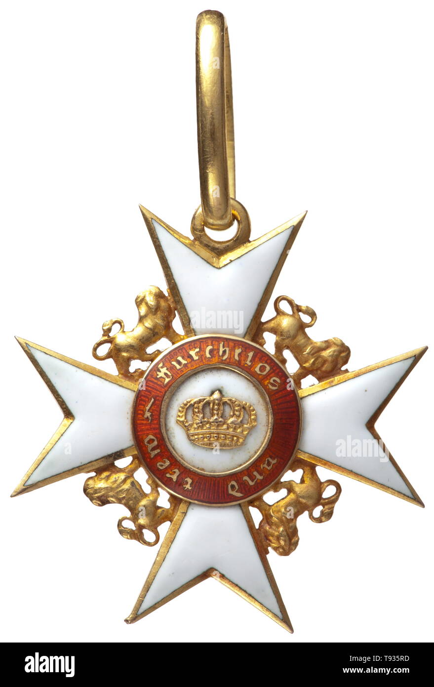Order of the Württemberg Crown - a Knight's Cross, circa 1820 Cross of the  order in the original version of 1818. Small model with a continuous  decoration of lions, made of gold
