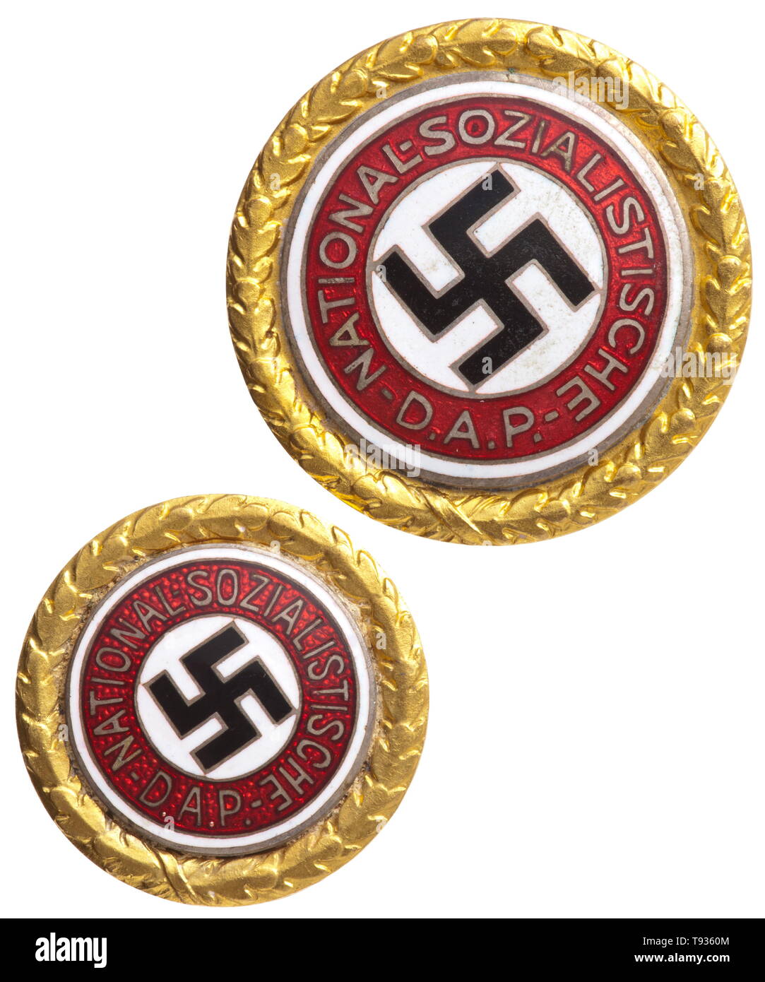 General of Infantry Rudolf Schmundt - an NSDAP Honour Award (golden party badge) Complete set of the honorary awarded badge with Adolf Hitler's engr 20th century, Editorial-Use-Only Stock Photo