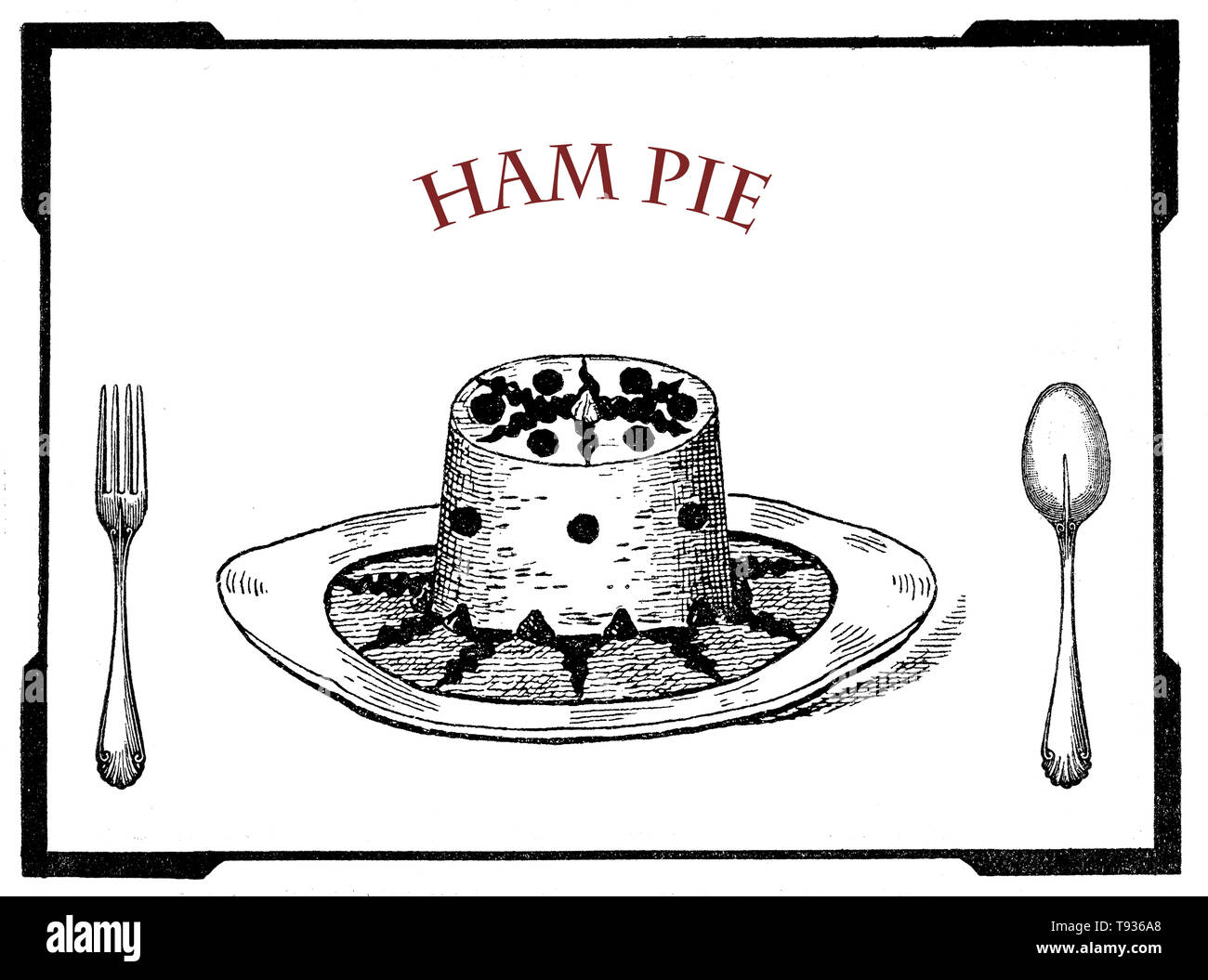 Vintage food engravings collage art deco table presentation of ham pie