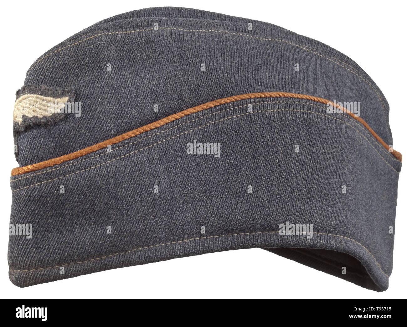 A garrison cap for Luftwaffe female auxiliaries depot piece from the year 1942 Luftwaffe-grey gabardine, continuous copper-brown cord, machine embroidered Luftwaffe eagle, grey-blue silk liner with faded depot-, size and maker stampings. historic, historical, Air Force, branch of service, branches of service, armed service, armed services, military, militaria, air forces, object, objects, stills, clipping, clippings, cut out, cut-out, cut-outs, 20th century, Editorial-Use-Only Stock Photo