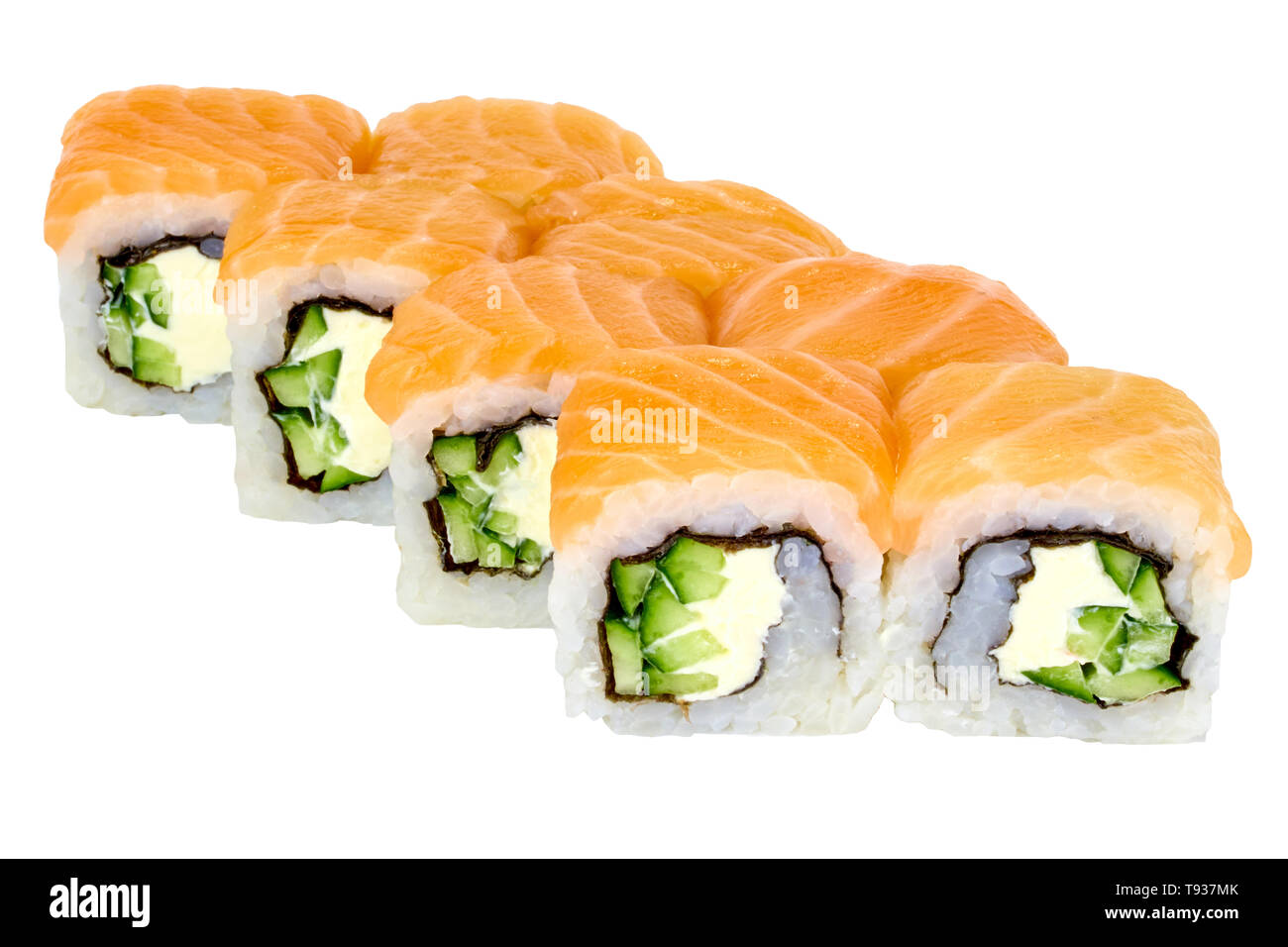 Sushi roll japanese food isolated on white background Philadelphia sushi roll with salmon and cucumber close-up Stock Photo