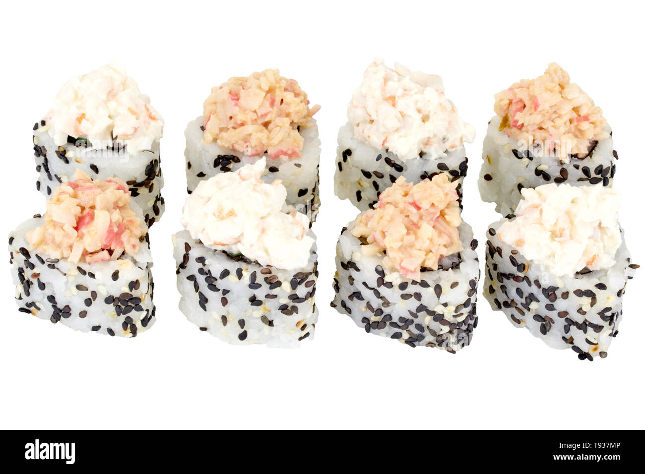 Sushi roll japanese food isolated on white background Philadelphia sushi roll with crab meat close up Stock Photo