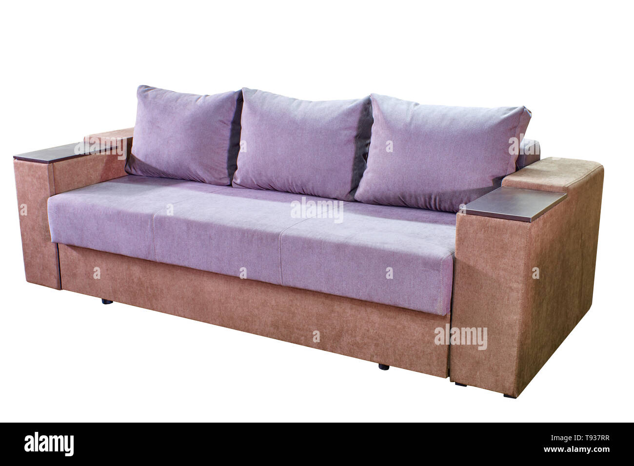 modern large cozy two-tone fabric sofa with wooden lining and otkryvnymi armrests on a white background Stock Photo