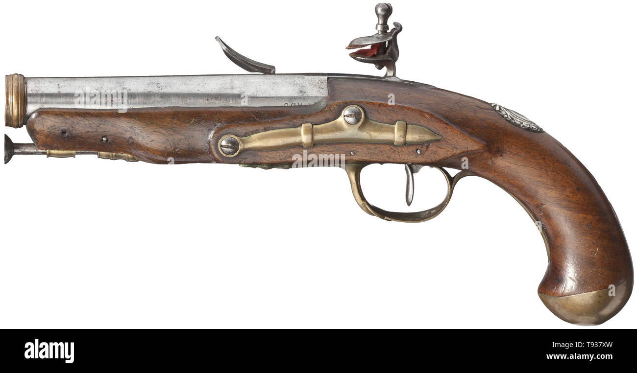 A pair of flintlock pistols, Maguin Pere, France, circa 1800 Octagonal then round smooth-bore barrels in 17 mm calibre with brass bands around the cannon muzzles. The upper side of the barrels florally struck with remains of gold-plating. Flintlocks with brass pans and lock plates, each signed 'MAGUIN PERE'. Smooth walnut stocks with brass furniture and silver thumb plates. Iron ramrods. Length of either pistol 29 cm. historic, historical, gun, guns, firearm, fire arm, firearms, fire arms, weapons, arms, weapon, arm, fighting device, object, obje, Additional-Rights-Clearance-Info-Not-Available Stock Photo
