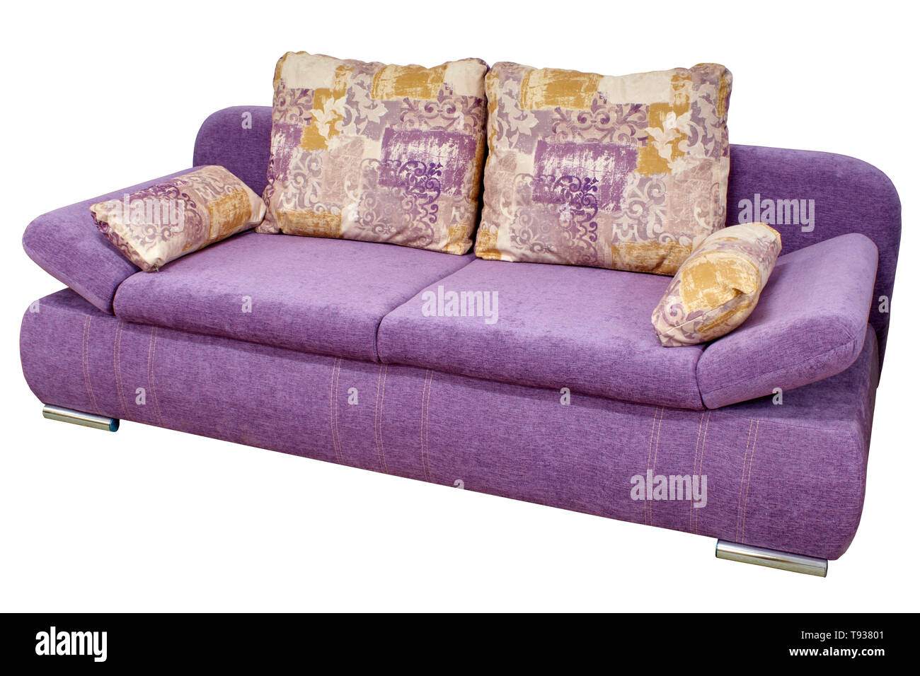 modern stylish purple fabric sofa with pillows and armrests, which are
