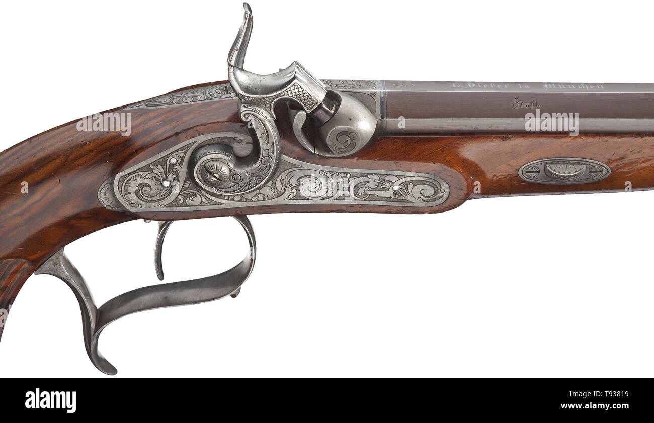 A pair of flintlock pistols, L. Dieter, Munich, circa 1860 Octagonal