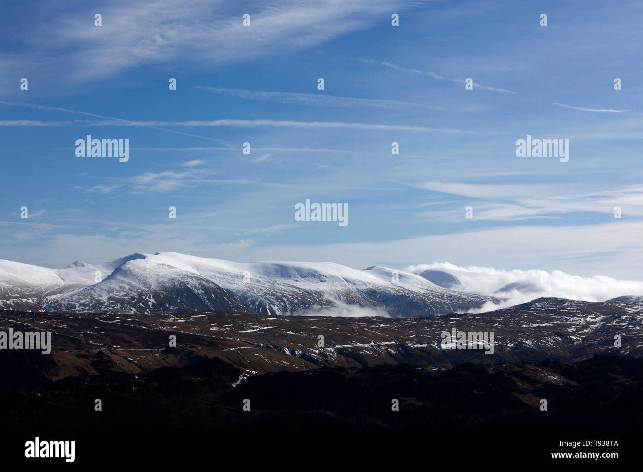 Long distance view of the Helvellyn range from  Maiden Moor, Derwent Fells, Lake District, Cumbria, England, UK Stock Photo