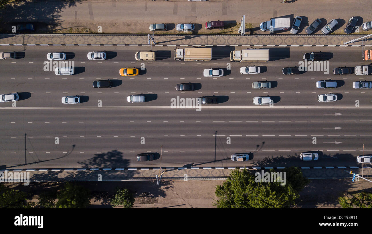 Top down aerial view of urban city traffic jam rush hour highway Stock ...