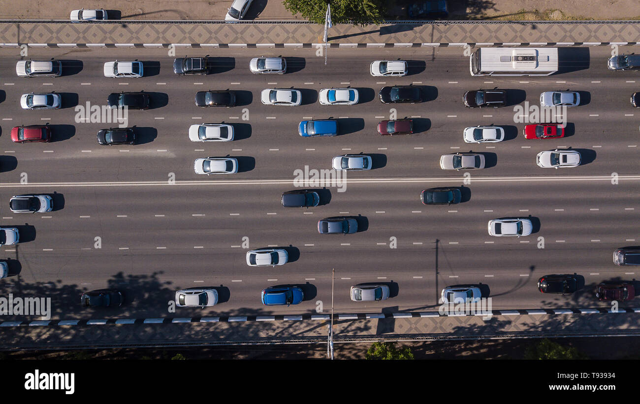 Top down aerial view of urban city traffic jam rush hour highway Stock ...