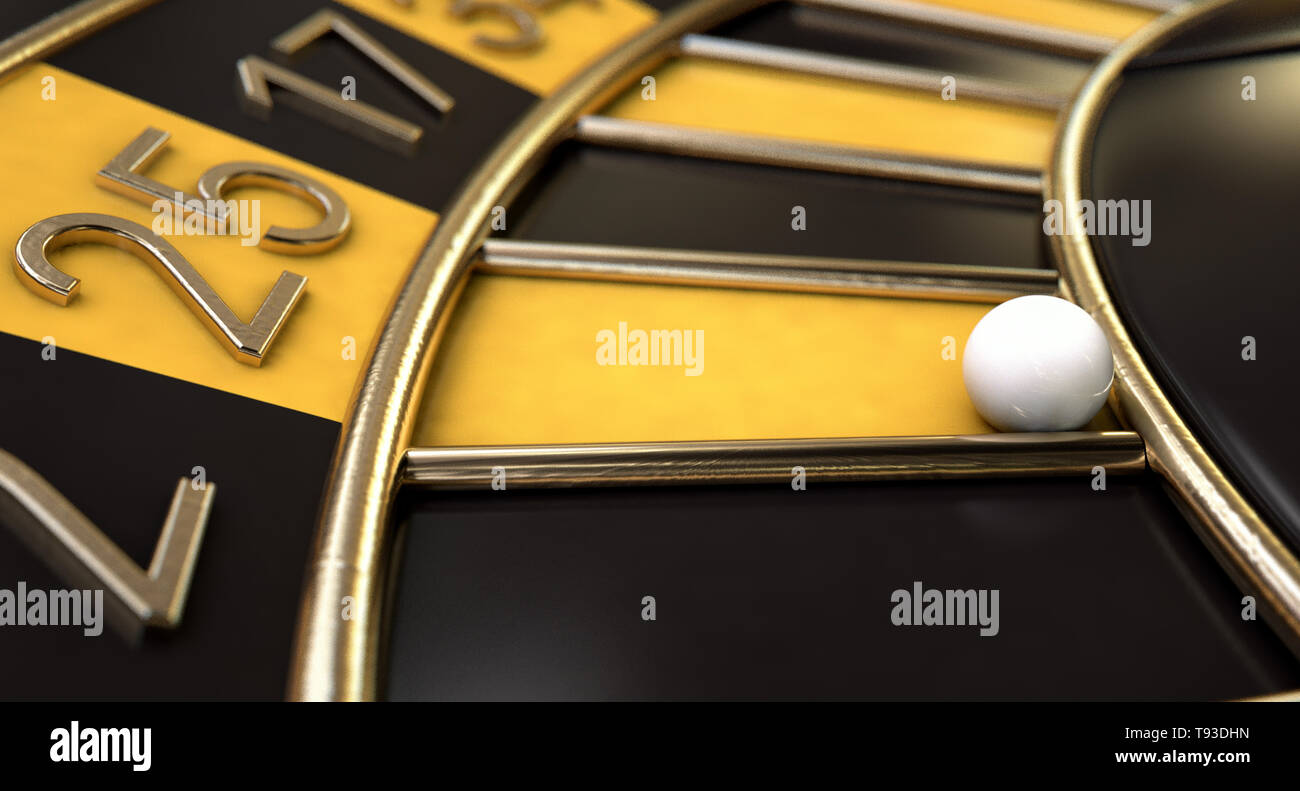 A closeup of a regular black roulette wheel with yellow and black markers and gold detail on an isolated background - 3D render Stock Photo