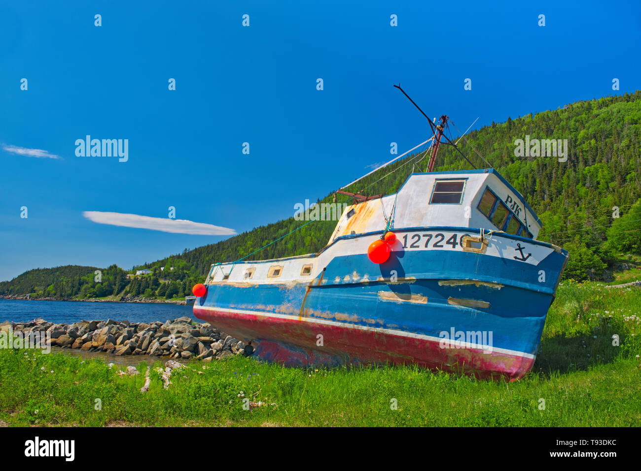 Fishing boat along the shoreline of White Bay, Baie Verte Peninsula