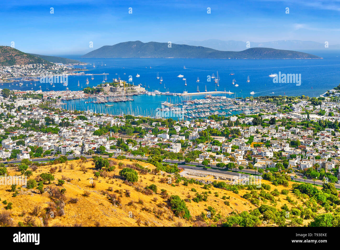 Landscape view of Bodrum harbor and castle, Turkey Stock Photo