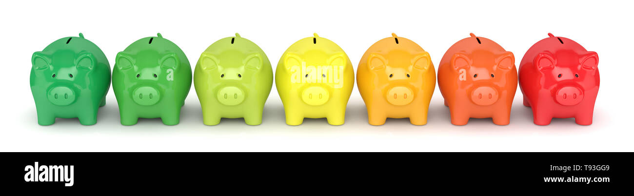 3d render of coloured piggy banks isolated over white background ...