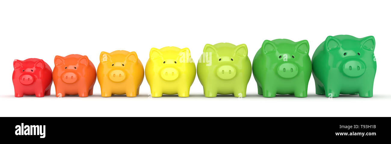 3d render of coloured piggy banks isolated over white background ...