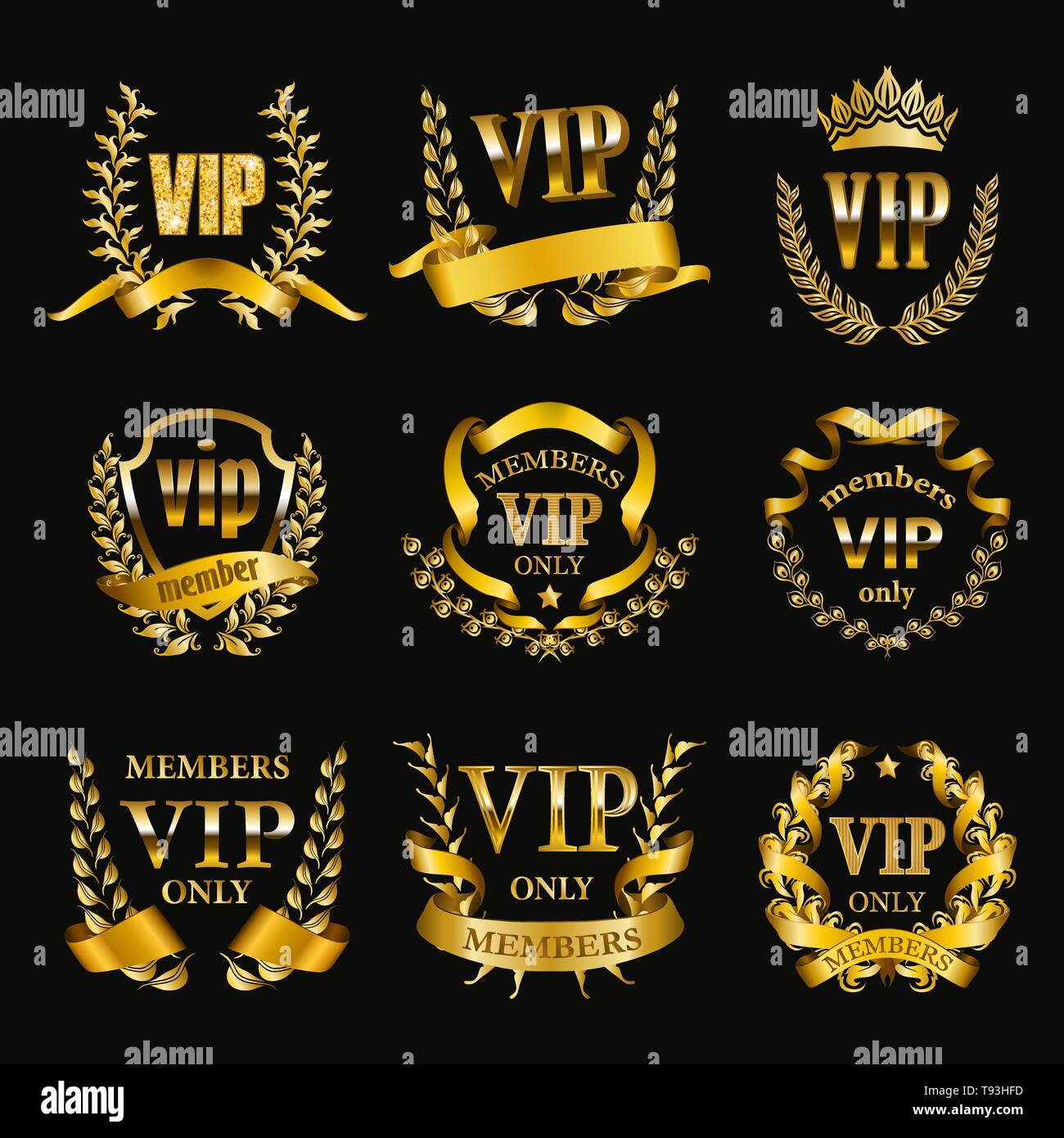Set of gold vip monograms for graphic design on black background Stock ...