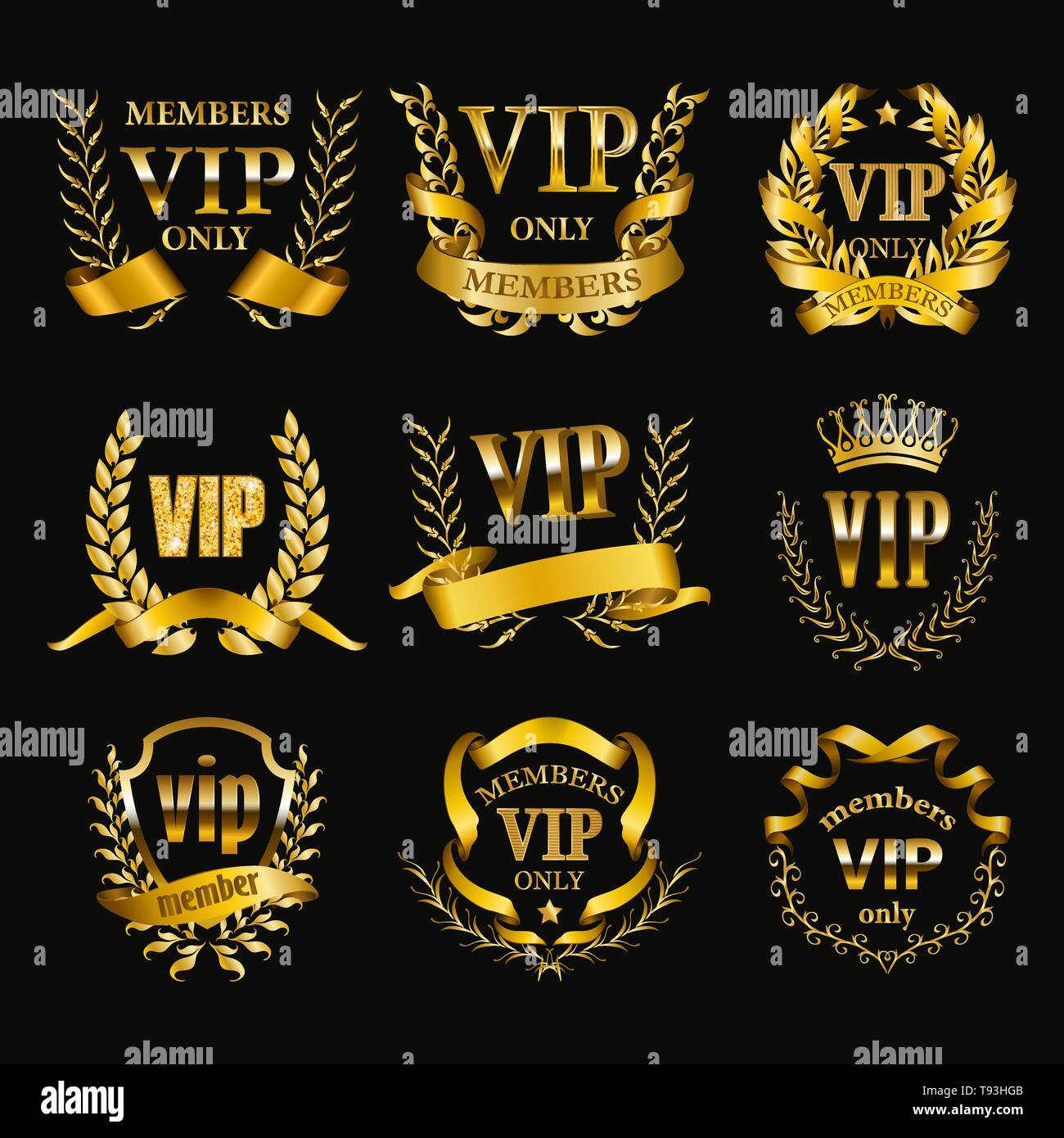 Set of gold vip monograms for graphic design on black background Stock