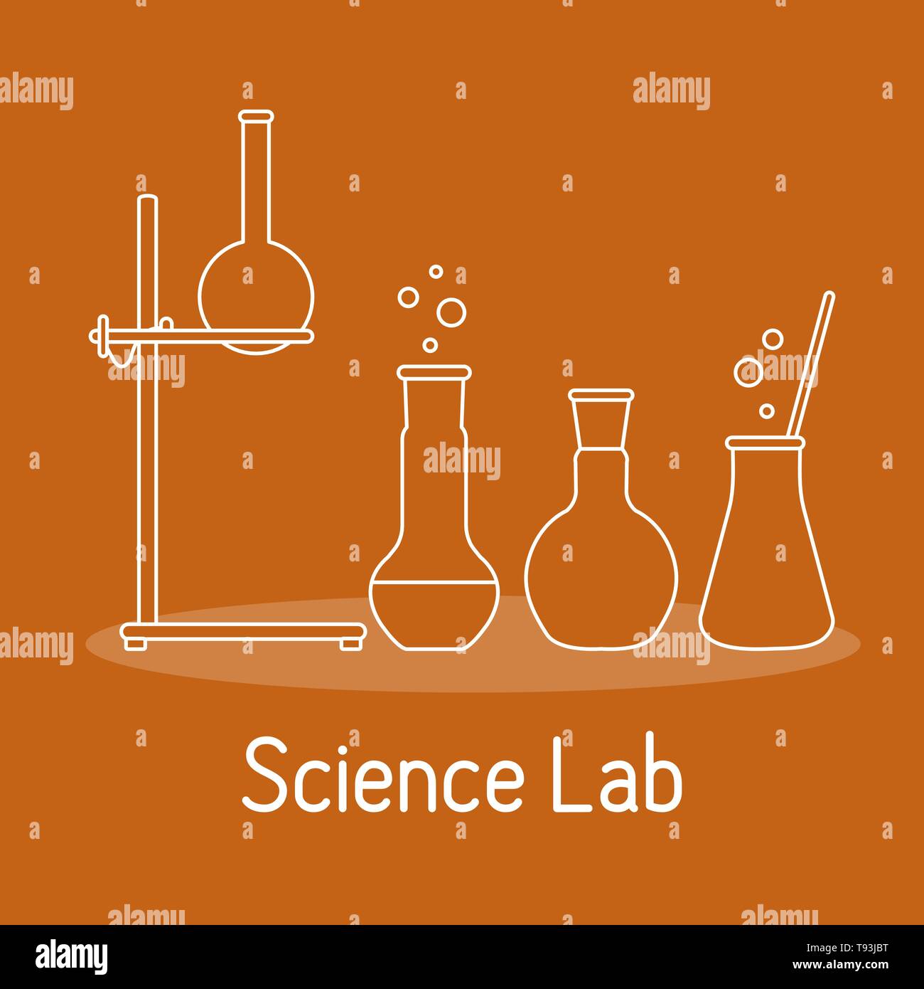 Vector science illustration with flasks, equipment stand. Laboratory
