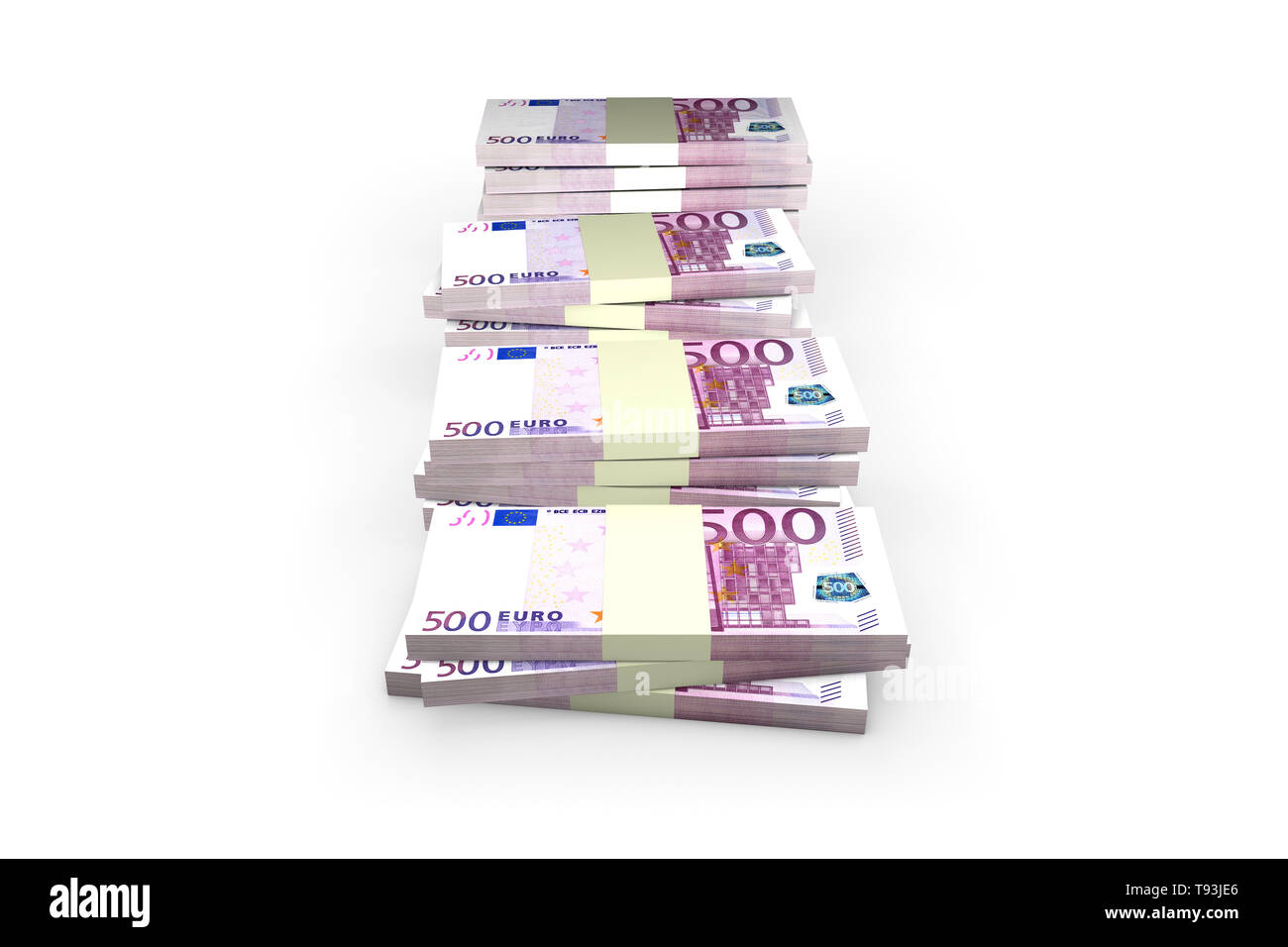 3d rendering, stack of five hundred euro banknotes, top view, isolated ...
