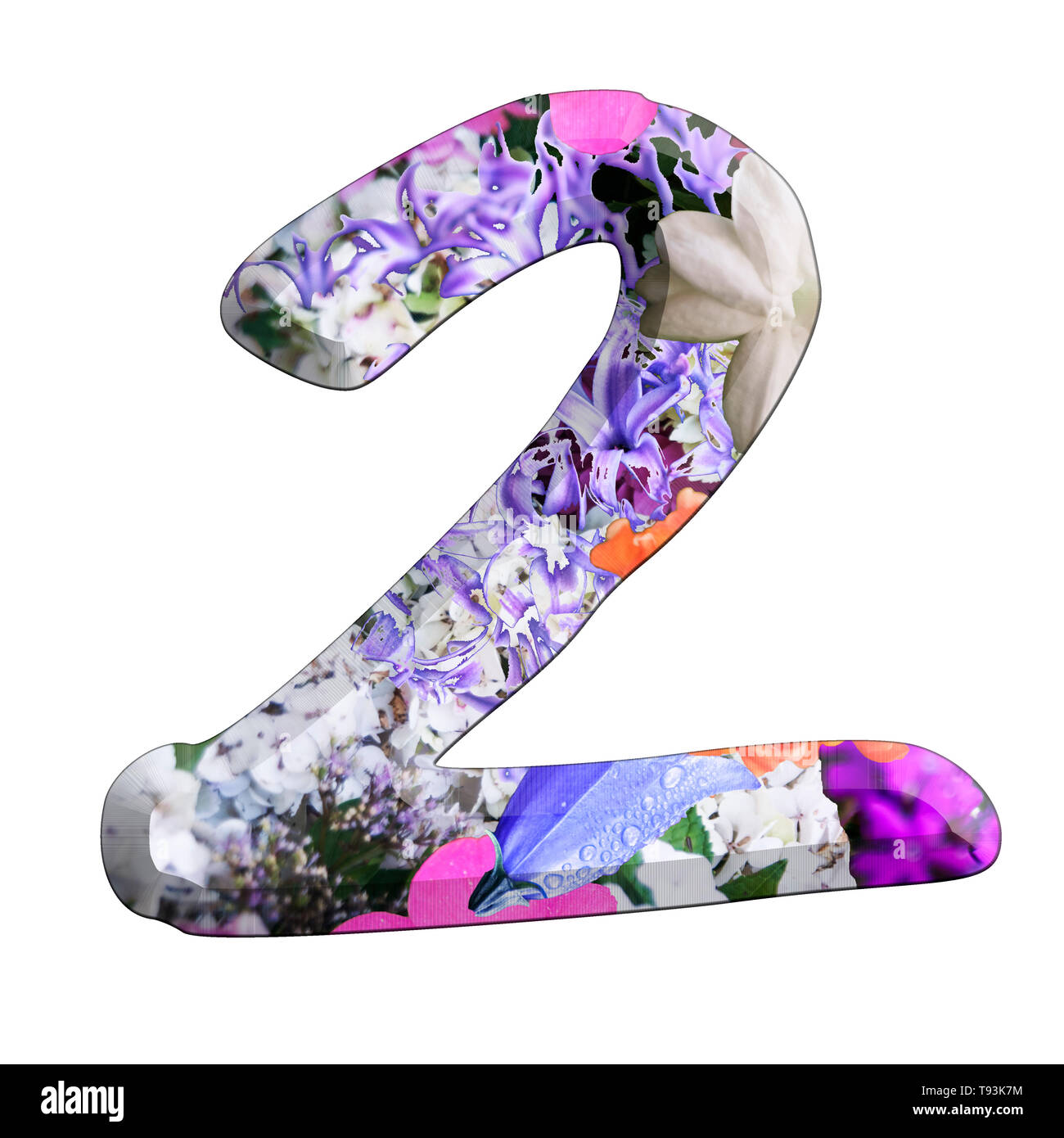 The number Two Part of a set of letters, Numbers and symbols of 3D Alphabet made with colourful floral images on white background Stock Photo