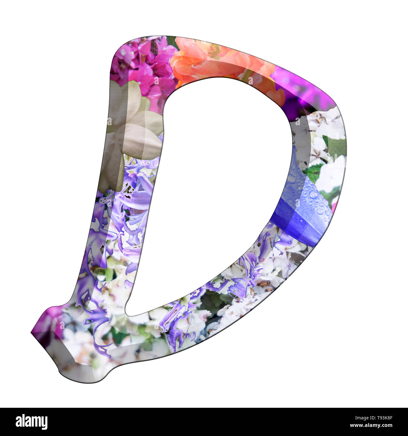 The Capitol Letter D Part of a set of letters, Numbers and symbols of 3D Alphabet made with colourful floral images on white background Stock Photo