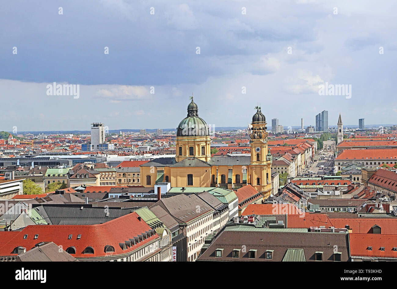Panoramic view of Munich with the yellow domes of the Theatiner church Stock Photo