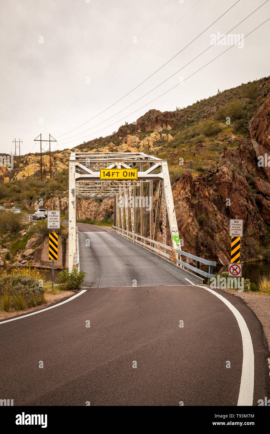 Old single lane iron bridge in Arizona. Stock Photo