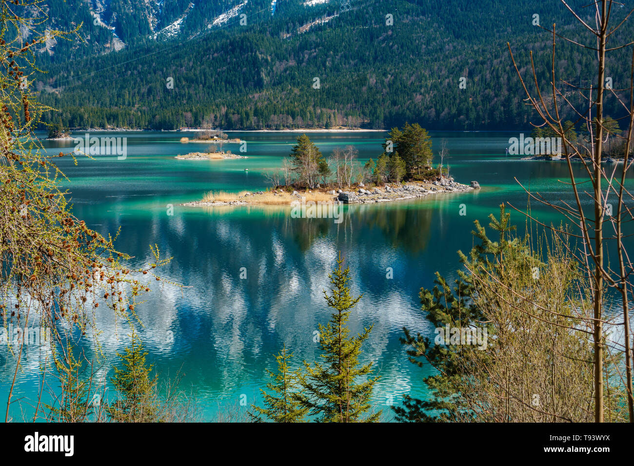 famous eibsee lake in front of zugspitze mountain in germany Stock Photo