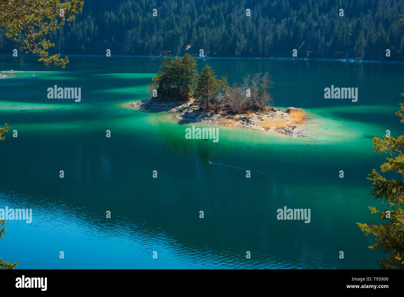 famous eibsee lake in front of zugspitze mountain in germany Stock Photo