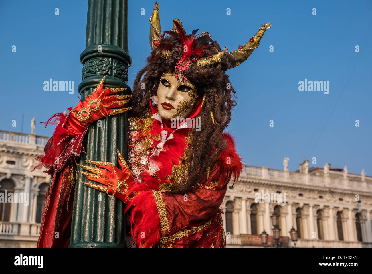 Portrait of a feminin masked person in a beautiful creative costume, posing in front of the Doge's Palace, Palazzo Ducale, celebrating the Venetian Ca Stock Photo