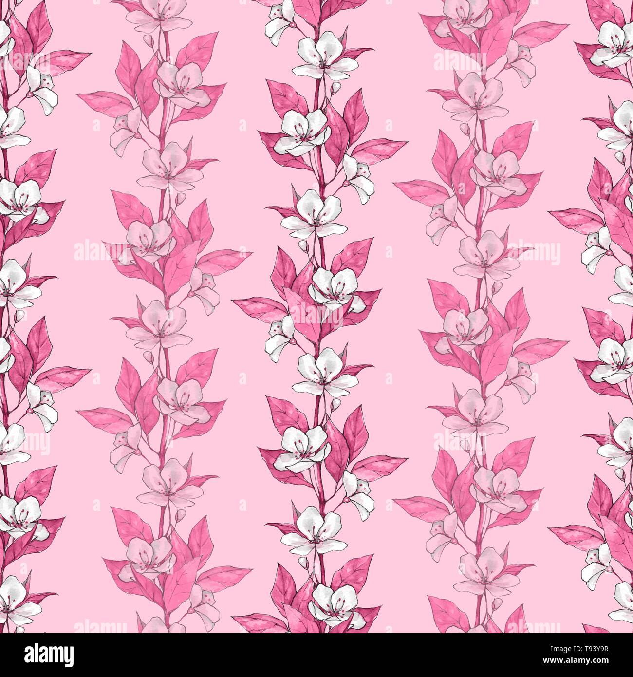 Seamless pattern with flowers and pink leaves Stock Photo - Alamy