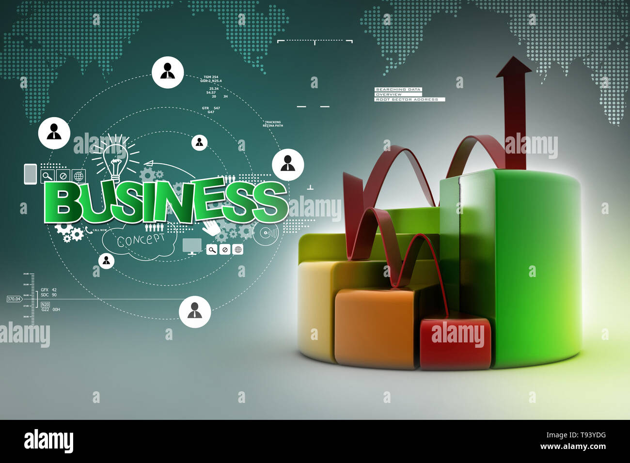 finance pie and bar chart graphs with growing arrow Stock Photo - Alamy